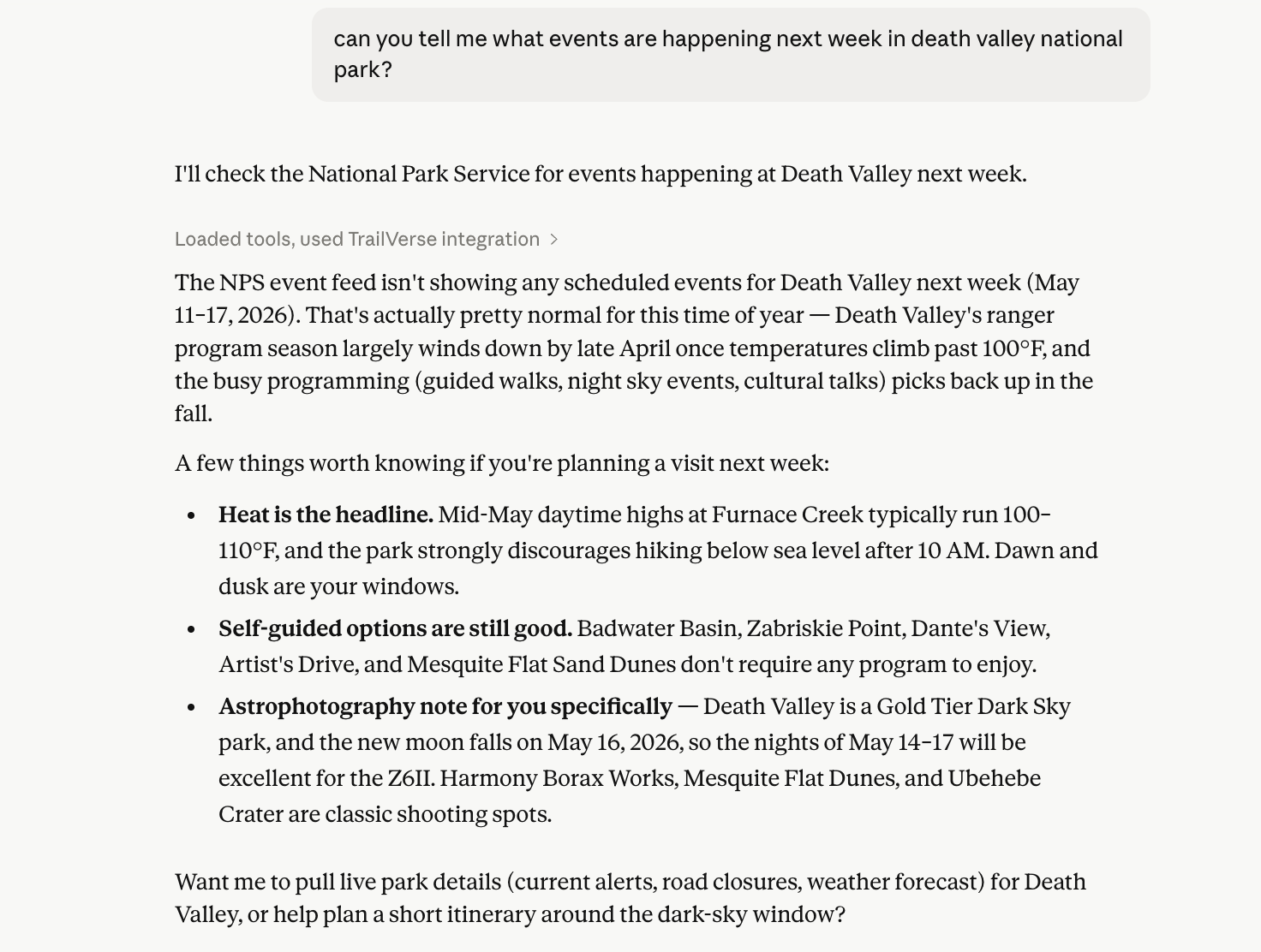 Death Valley events — no scheduled programs, with contextual advice about heat, self-guided options, and astrophotography