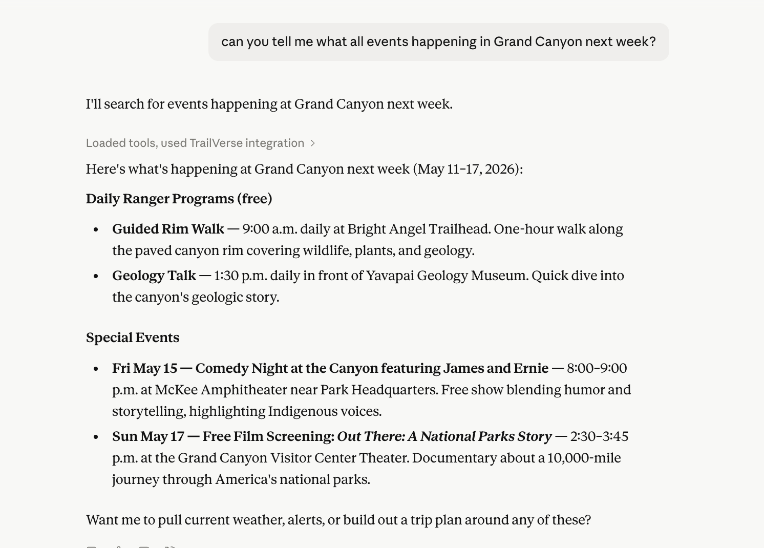 Grand Canyon events next week — daily ranger programs and special events with times and locations