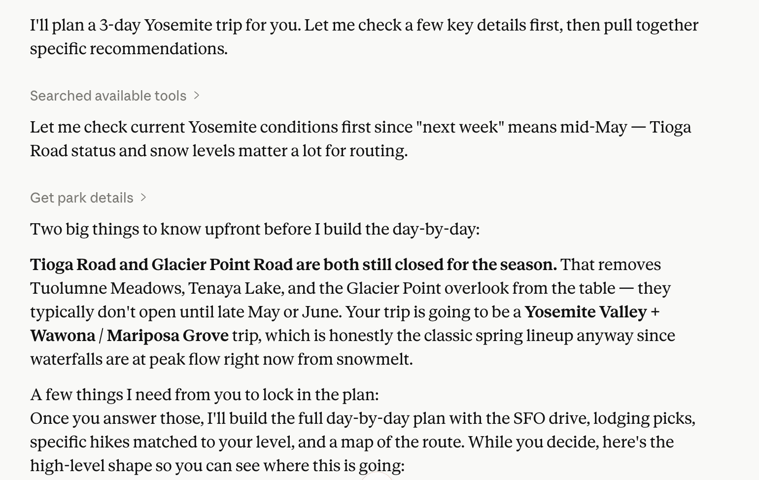 Claude checking live Yosemite conditions — road closures and seasonal alerts before building the itinerary