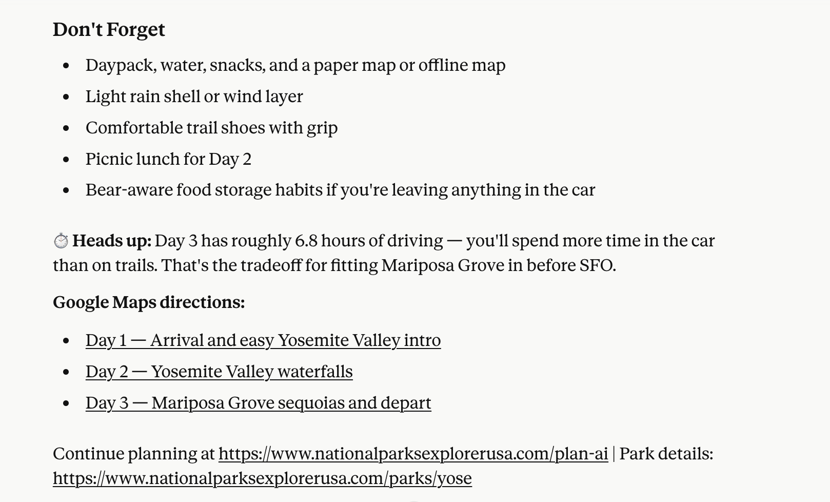 Completed itinerary with packing list, driving warnings, and Google Maps links for each day