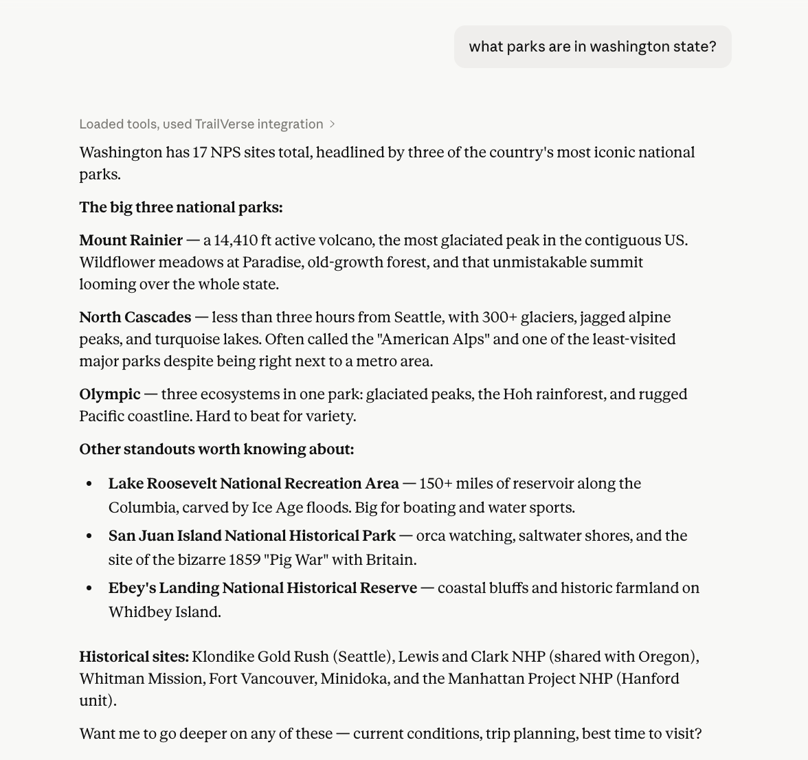 Claude listing all 17 NPS sites in Washington state — Mount Rainier, North Cascades, Olympic, and more